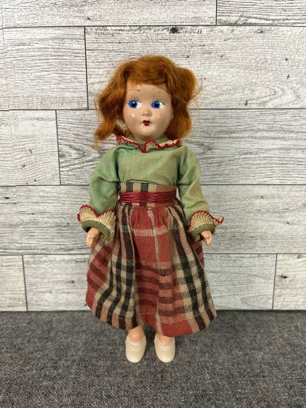 Vintage CHRISTMAS Hard Plastic DOLL GIRL Red Hair Plaid Dress 7.25in Holiday
